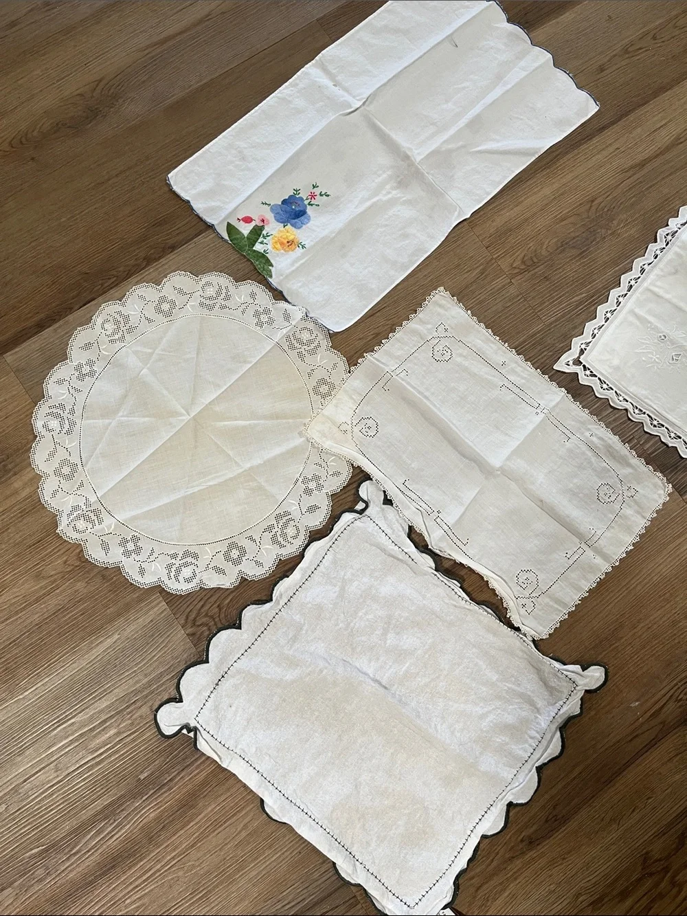 Assorted Vintage Linen Doilies, table cloth pillow shams lot of 22